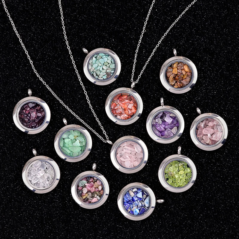 Fashion Raw Crystal Pendant Necklace Steel Living Memory Floating Locket Tumbled Gemstone  Women/Men's Luck Healing