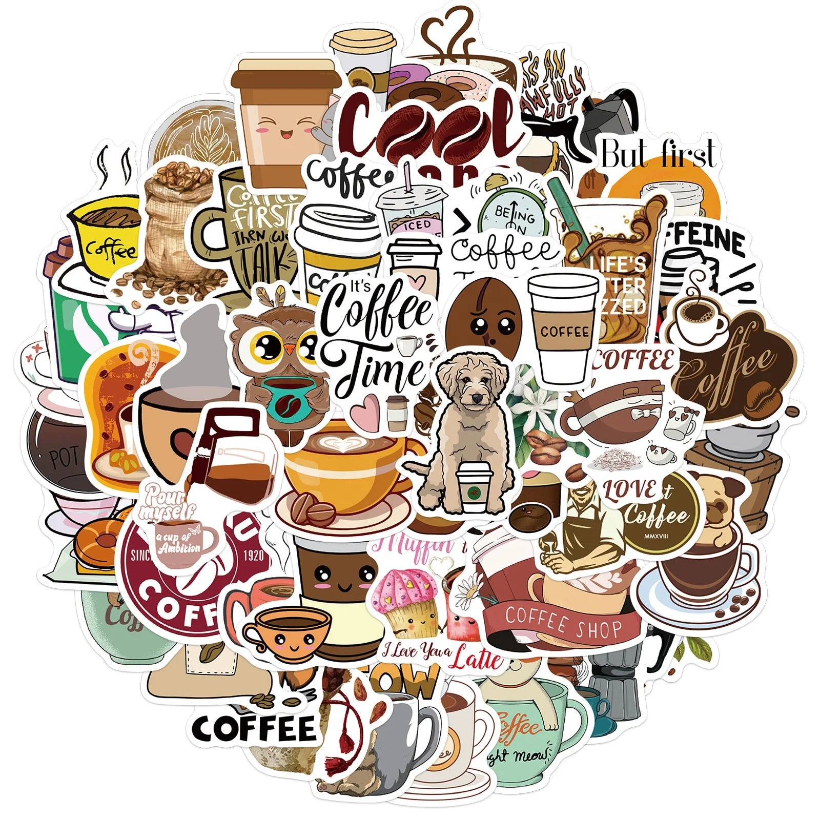 50Pcs Cute Coffee Drinks Kawaii Sticker Set for Girl Children Paper Decal Notebook Bottles Waterproof Laptop Stickers