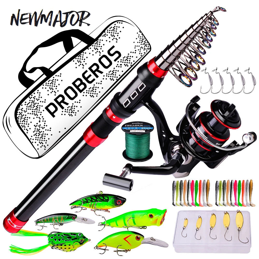 NEWMAJOR 1.8m-2.1m Spinning Telescopic Carbon Fishing Rod Reel Combo Kit Freshwater Saltwater Use Line Lures Hooks Carry Bag