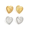 High-End PVD 18K Gold Plated Stainless Steel Jewelry Waterproof Trendy Geometric Line Texture Heart Stud Earring for Anniversary