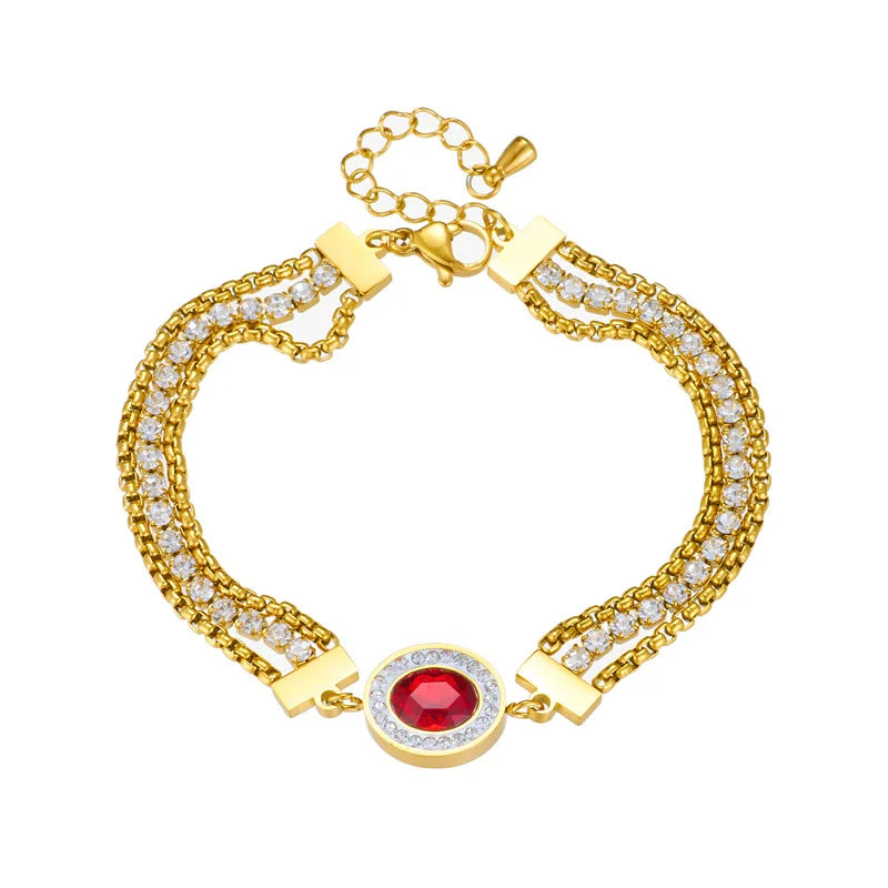 Novelty Stainless Steel 18k Gold Plated Red Gemstone Bracelet Handmade Layered Rounded Chains Cz Tennis Bracelets