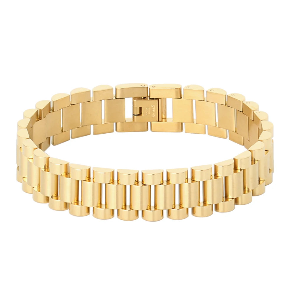 Tarnish Free Jewelry Pulsera Statement Gold Plated Wrist Link Bracelet Stainless Steel Watch Strap Band Chain Bracelet