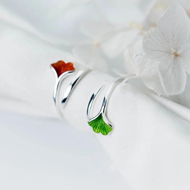 Green Red Gingko Leaf Shape Adjustable Open 925 Sterling Silver Knuckle Finger Rings Fashion Jewelry for Women Girls