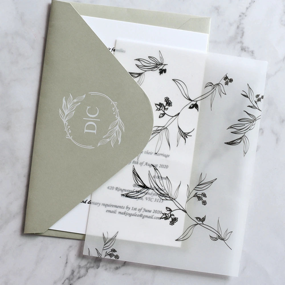5*7 Inches Doc Black Ink Wedding Invitation Card with  Translucent Vellum Tracing Paper Wrap with Envelope