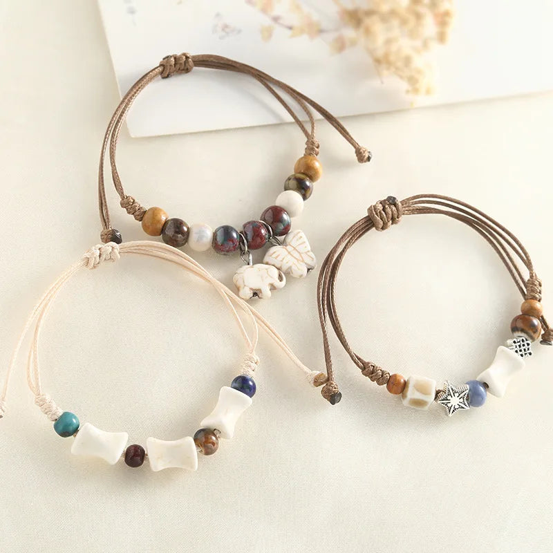 YL Jingdezhen Ceramic Women's Handmade Woven All-Match Beaded Bracelet with Elephant Butterfly Animal Pattern Texted Design