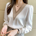Long Sleeve White Blouse Women Blusas Mujer De Moda Embroidery V-Neck Chiffon Blouse Shirt 1696#