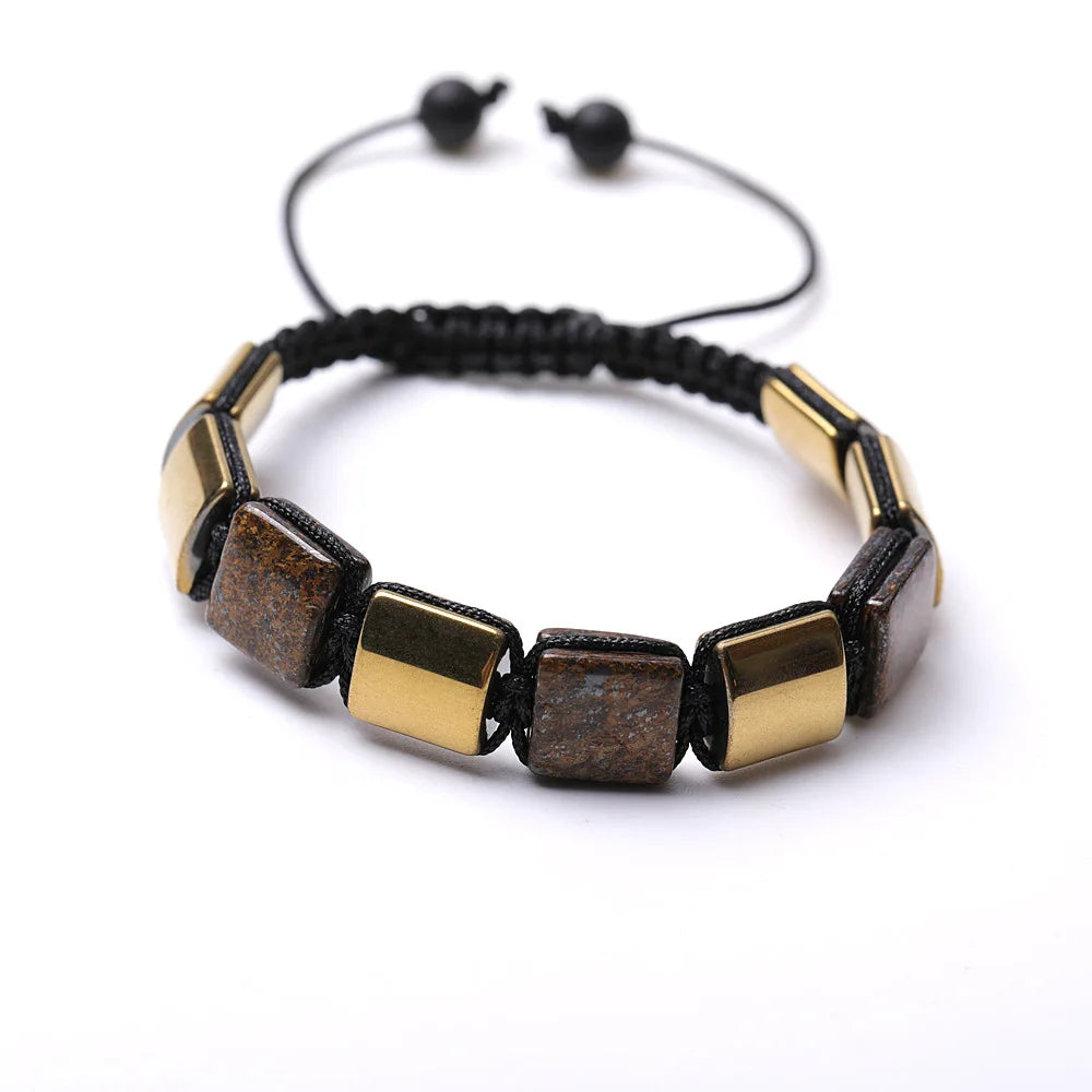 Blue Stone White Crystal Map Stone Trendy Style Main Stone Agate Men's Cross-Border Square Natural Bronze Gray Braided Bracelet