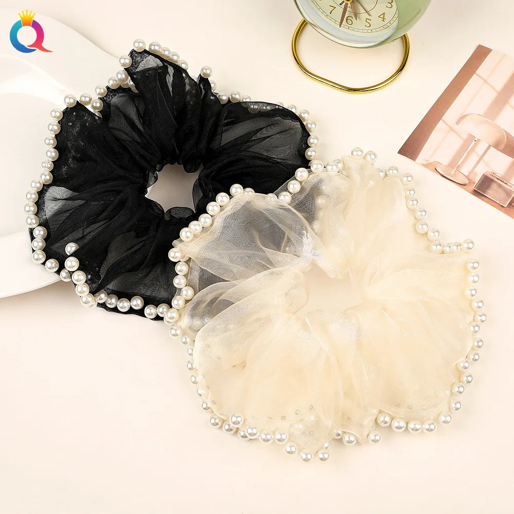 QIYUE Net Yarn Pearl Scrunchies Hair Ring Small Fragrant Wind Tie Hair Rope High Ponytail Hair Accessories