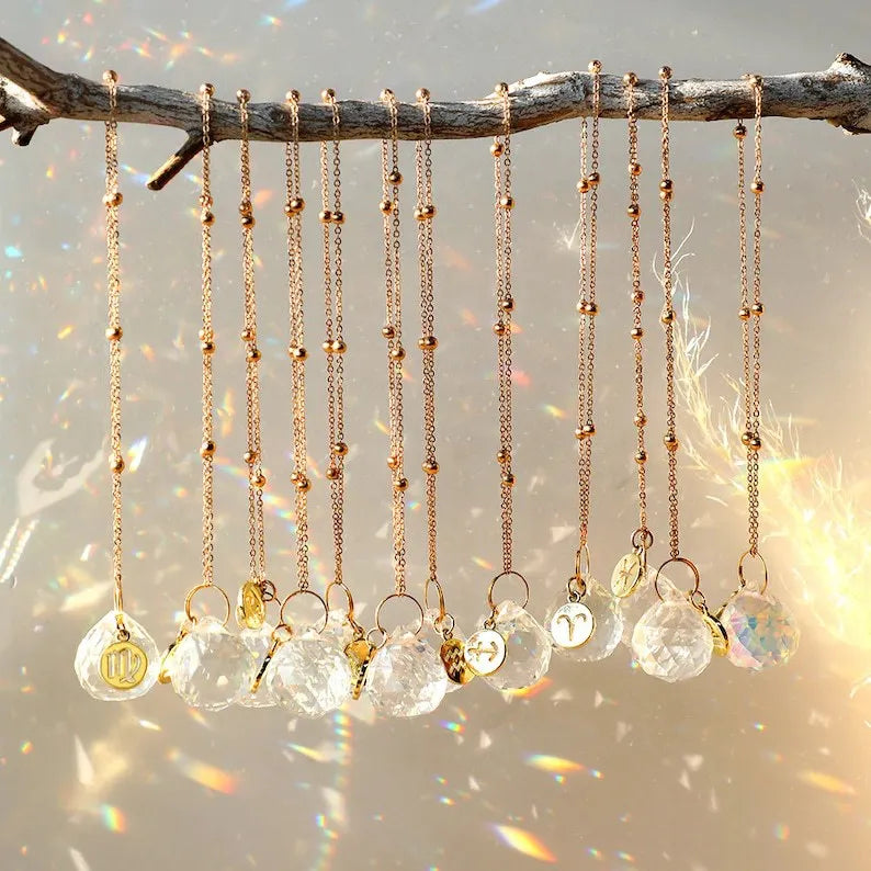 Healing Natural Gemstone Crystal Suncatcher Home Decor 12 Zodiac Aurora Wind Chimes Car Hanging Sun Catcher for Gift