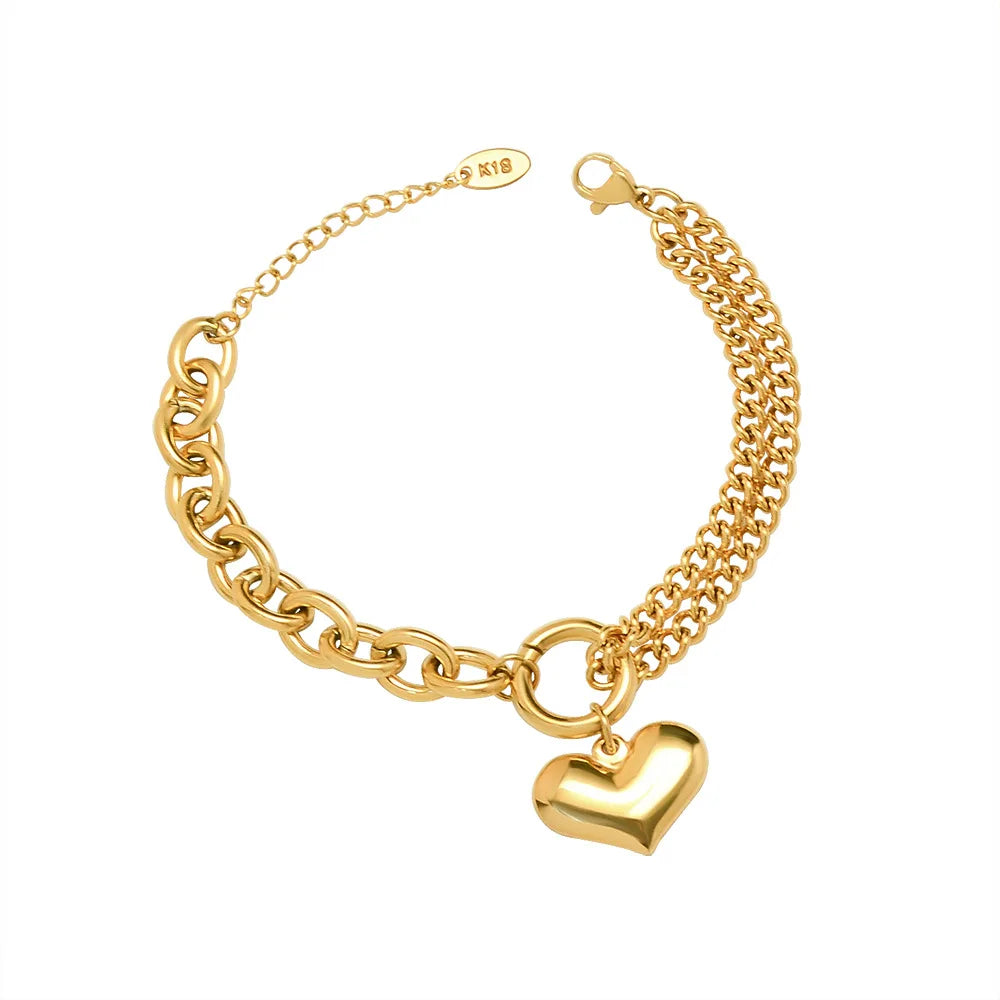 Fashion Adjustable 18K Gold Plated Bracelet Matching Chunky Double Chain Bracelet Silver Gold Rose Gold Heart Charm Bracelet