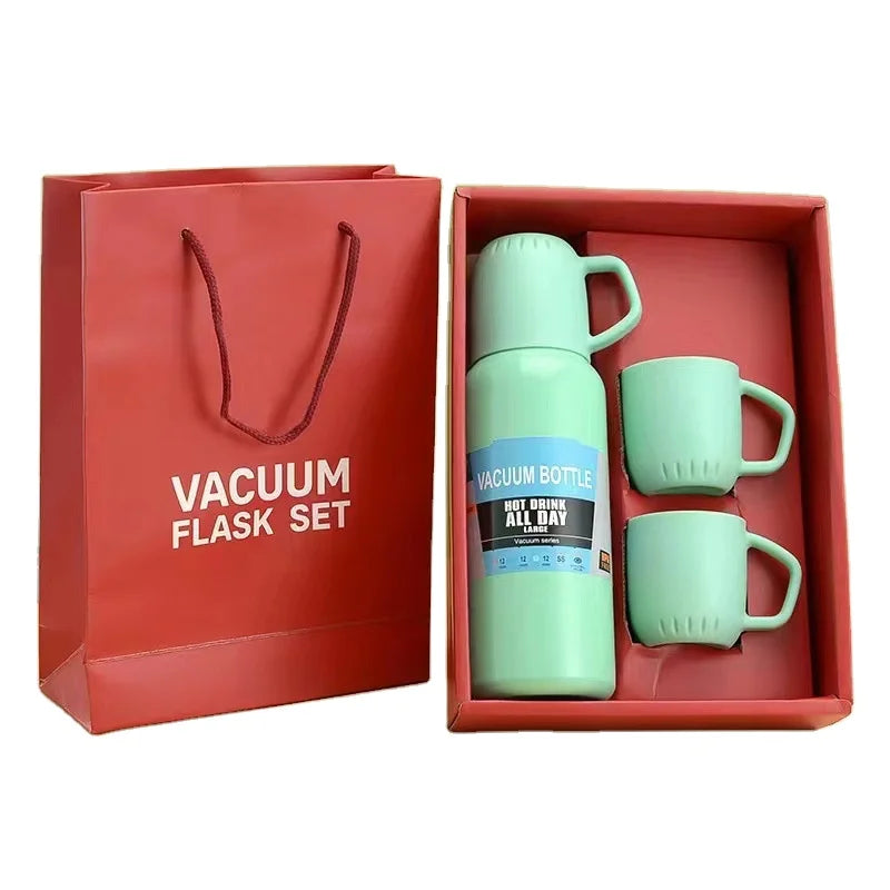 Promotional Gift Set Thermal Travel Mug Stainless Steel Double Walled Vacuum Flask Water Bottle with Two Cups Gift Box