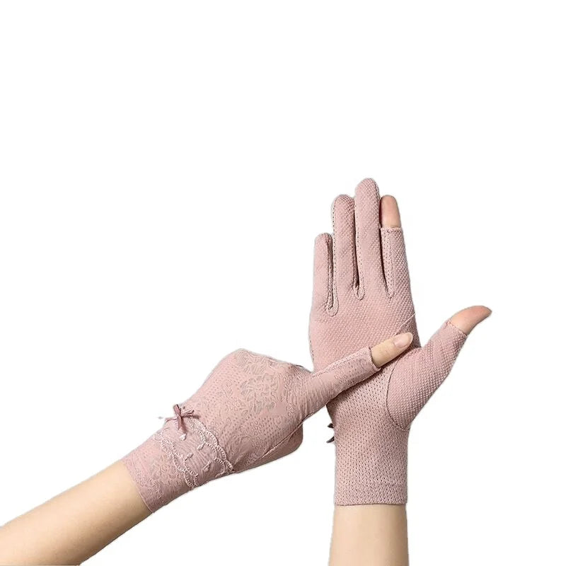 Popular Women's Lace Driving Gloves Sun UV Protection Gloves With Open Fingers for Summer Anti-skid Gloves