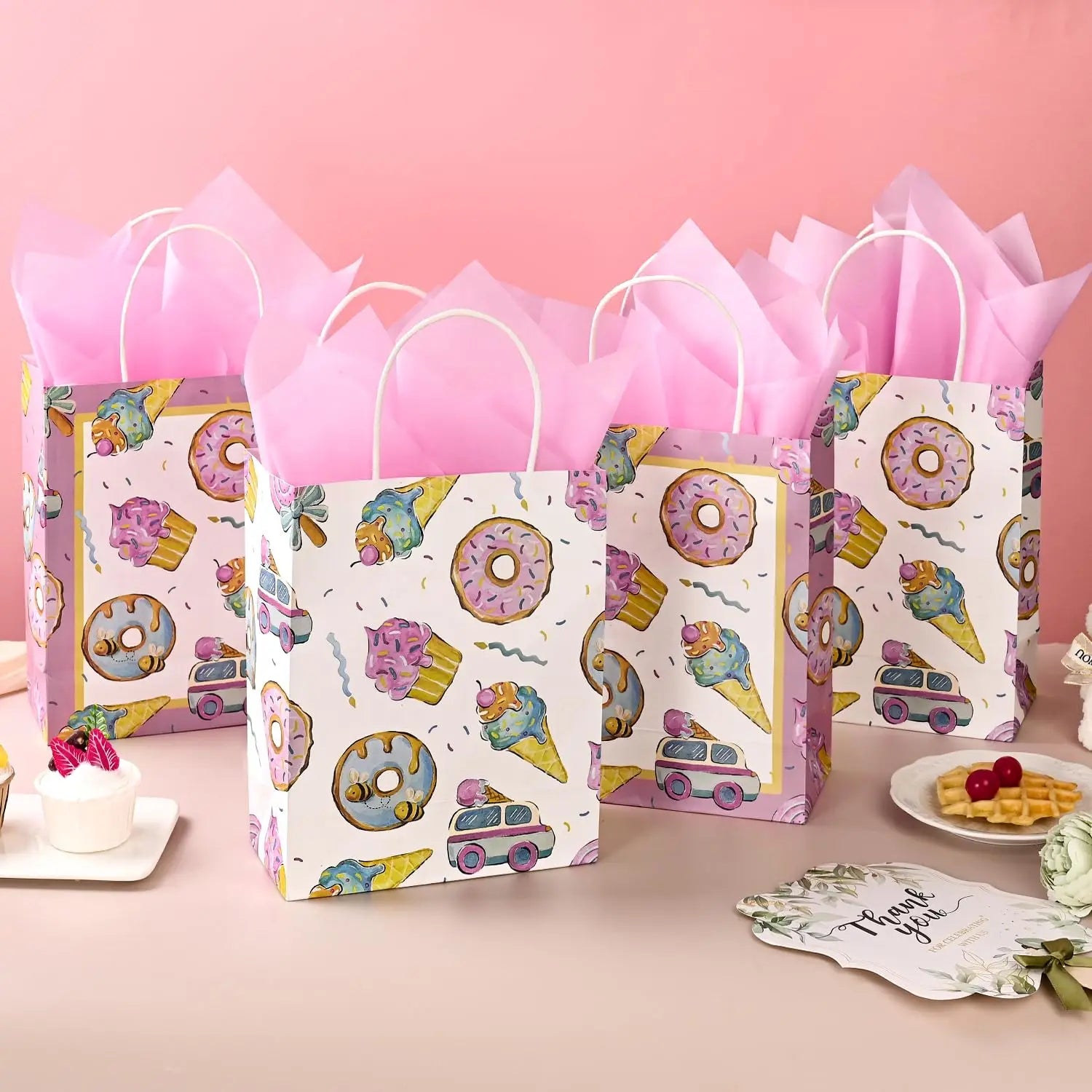 Customized Creative Printing Recycled Pink Summer Sweet Party Donut Ice Cream Theme Kraft Paper Gift Bag With Handle