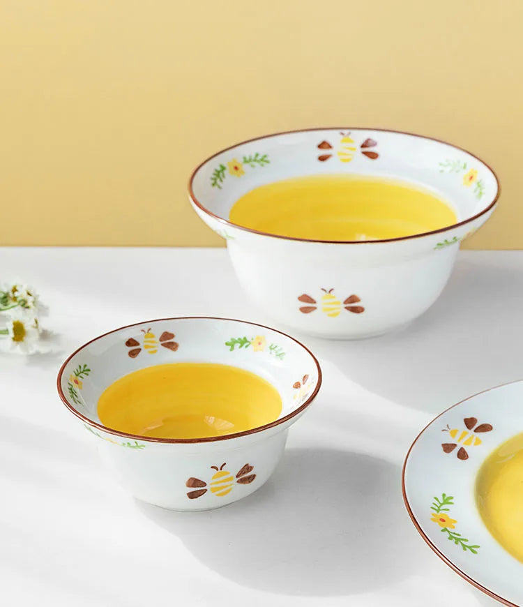 Home Dinner Tableware Sets Glaze China Plates Bowls Cute Bee Pattern Ceramic Crockery Dinnerware for Restaurant