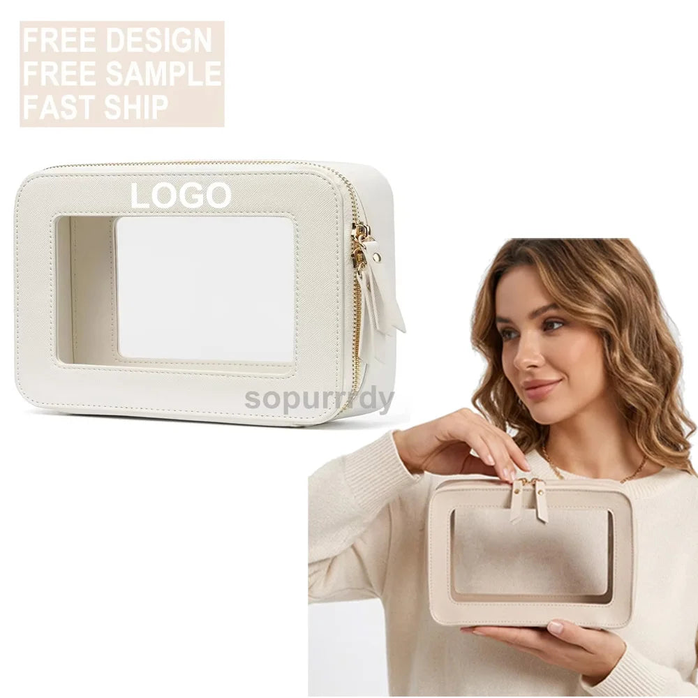Custom Logo Clear PVC Makeup Case White for Toiletry Zipper Bag with Travel Cosmetic Bag Cases Transparent Travel Cosmetic Case