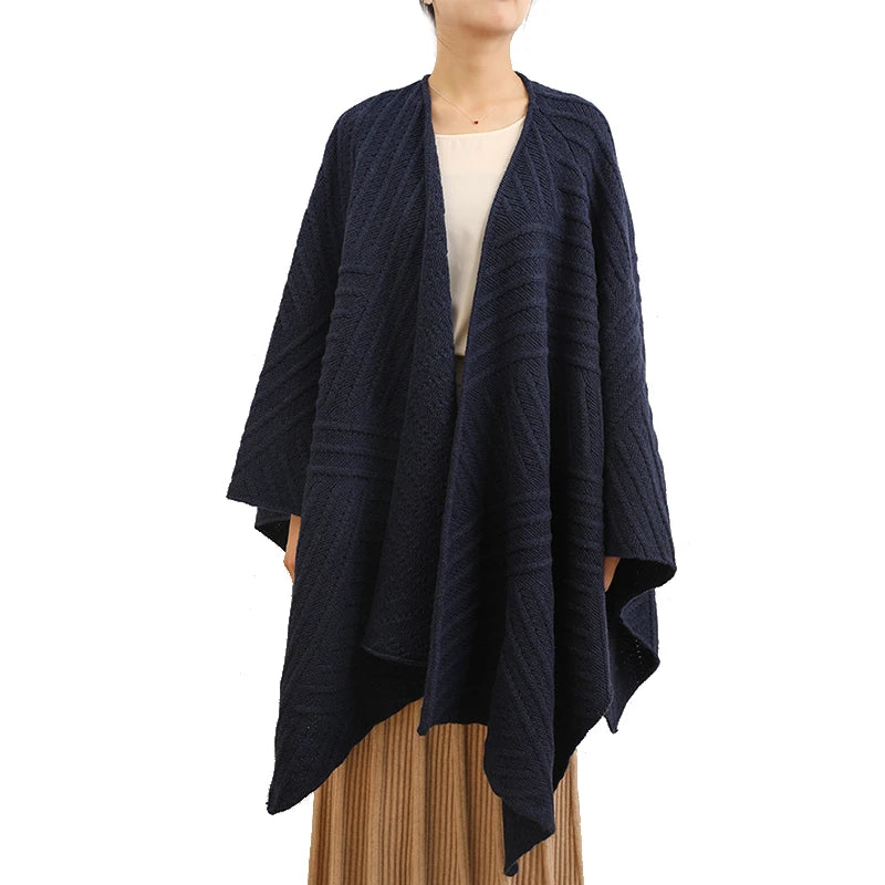 Custom Winter Women Warm Knitted Wool Poncho Solid Color Luxury Soft Ladies Fashion Elegant 100% Wool Cape Shawl