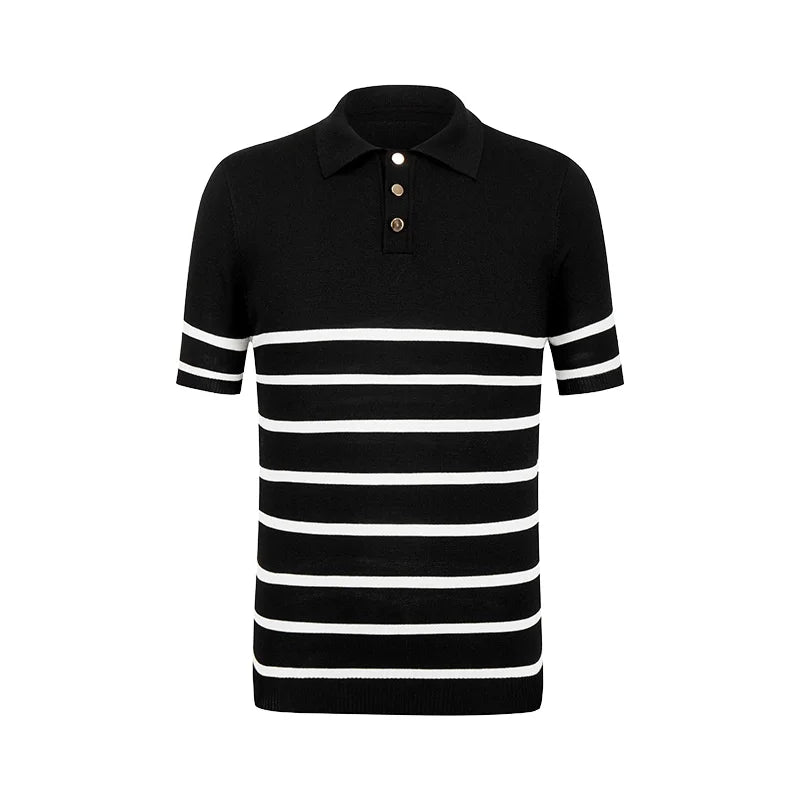 Custom Black Spring/Summer Men's Knit Sweater for Polo Collar Button Striped Short Sleeves Anti-Wrinkle Knitwear Manufacturer
