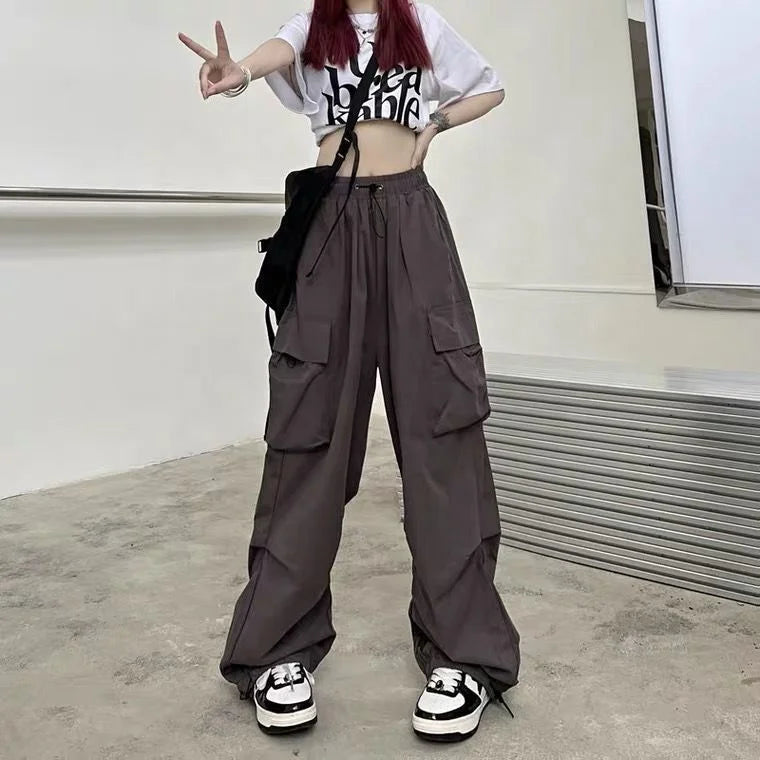 Women Casual Joggers Tech Pants Solid Low Waist Pants Drawstring Wide Leg Baggy Trousers  Streetwear Oversize Sweatpants