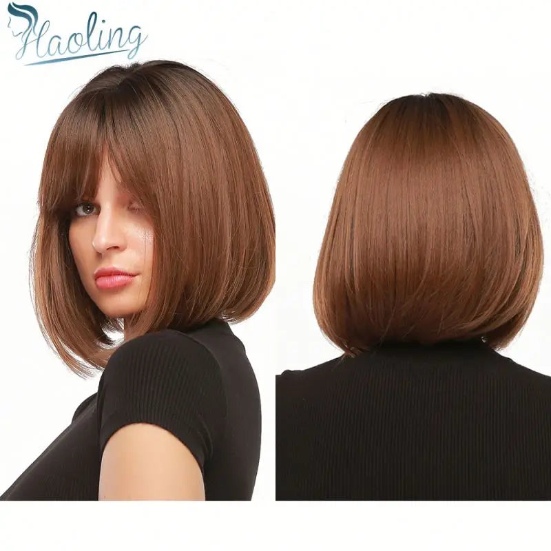 High Temperature Fiber Brown Hair Wigs Short Straight Bob Synthetic Wigs with Bangs for Women