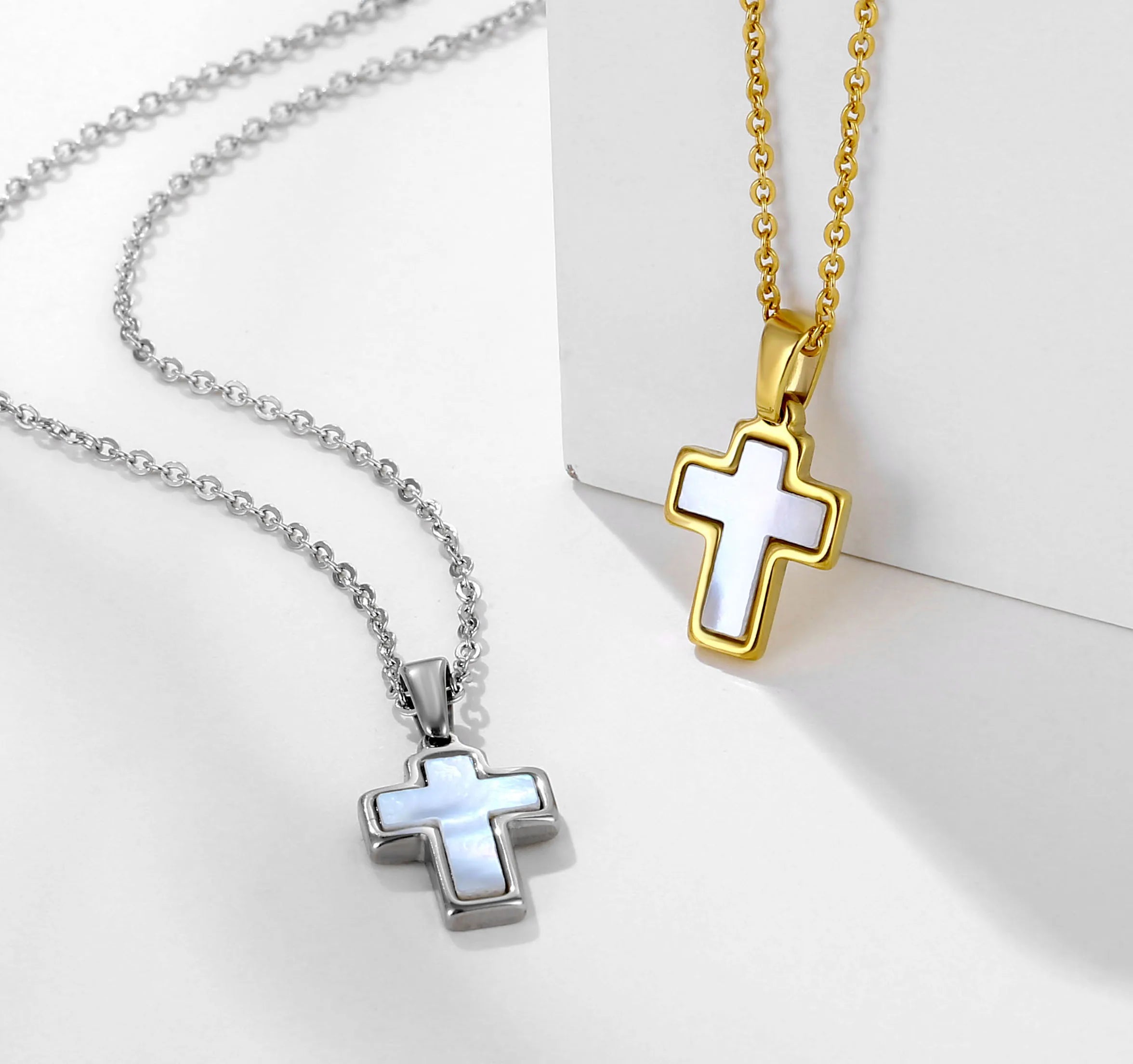 Small Shell Cross Necklace Women Men Religious Stainless Steel 18K Gold Plated Shell Crucifix Pendant Necklace