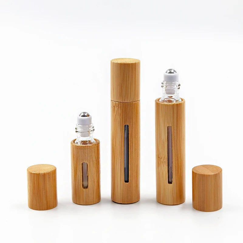 Cosmetic Fragrance Oil Perfume Rollon Essential Oil Custom Package 10ml Roller Wood Bottle 5ml Roll on Bamboo Lid Glass Bottle