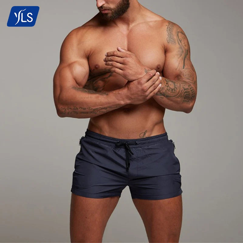 YLS Factory Men's Sporty Gym Jogger Quick Dry Fitness Shorts Summer Nylon Workout Split Bottom Logo Solid Pocket Customizable