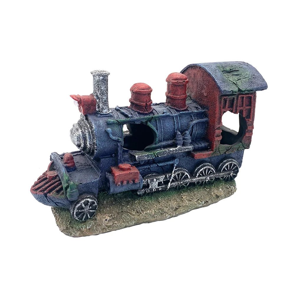 XINLY New Aquarium Resin Broken Train Ornaments Fish Tank Decor
