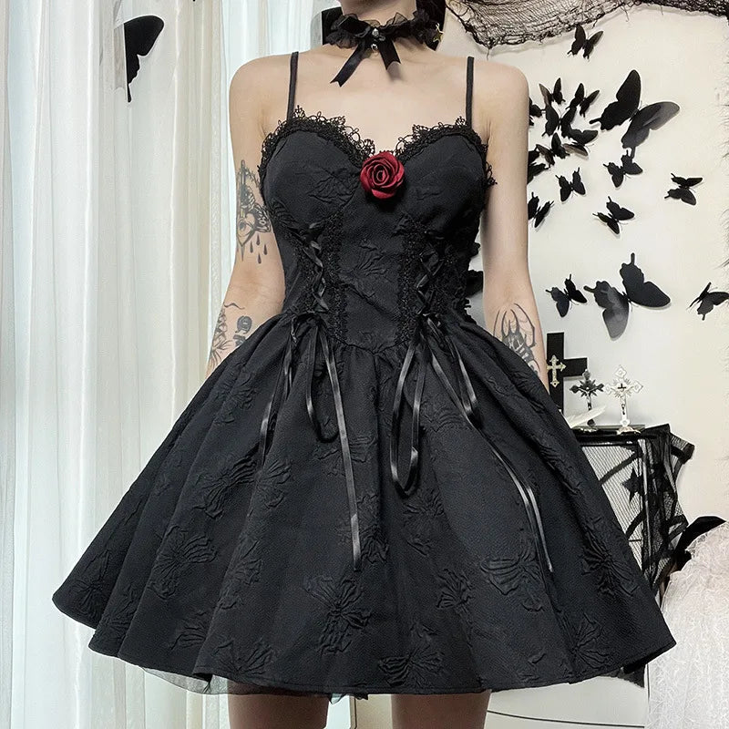 Tie Mall Gothic Elegant Women Mini A-Line Solid Dress Grunge Aesthetic Emo Breathable Eco-Friendly High Street Black Party Alt
