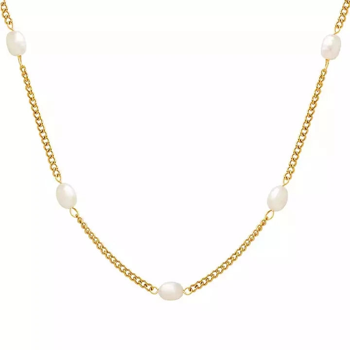 18k Gold Plated Stainless Steel Jewelry Gift Freshwater Pearl Cuban Chain Choker Necklace for Women