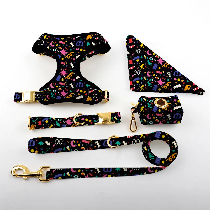 Custom Luxury Puppy Leash Collar Adjustable Pet Poop Bag Bandana Reversible Breathable Neoprene Dog Harness Sets