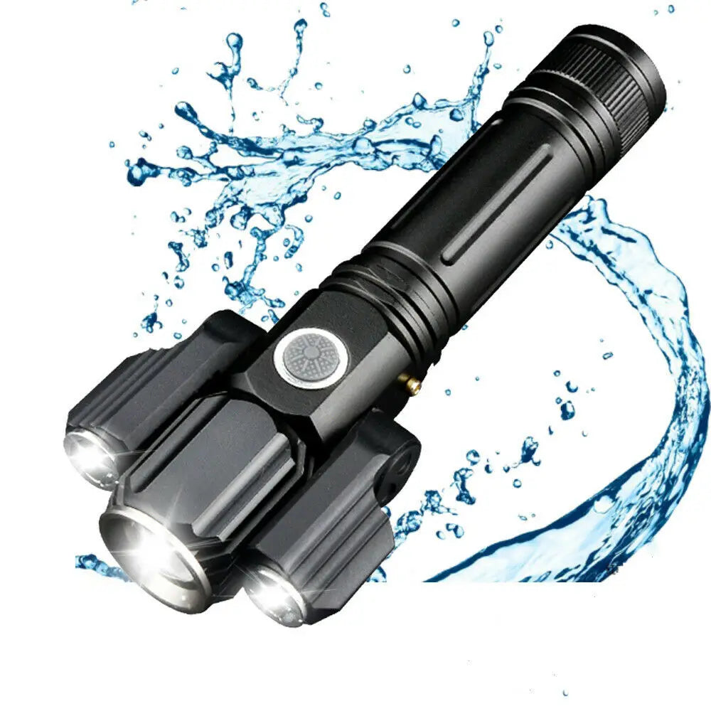 Waterproof Three Head Rotate Telescopic Zoom LED Flashlight Ultra Bright Torch