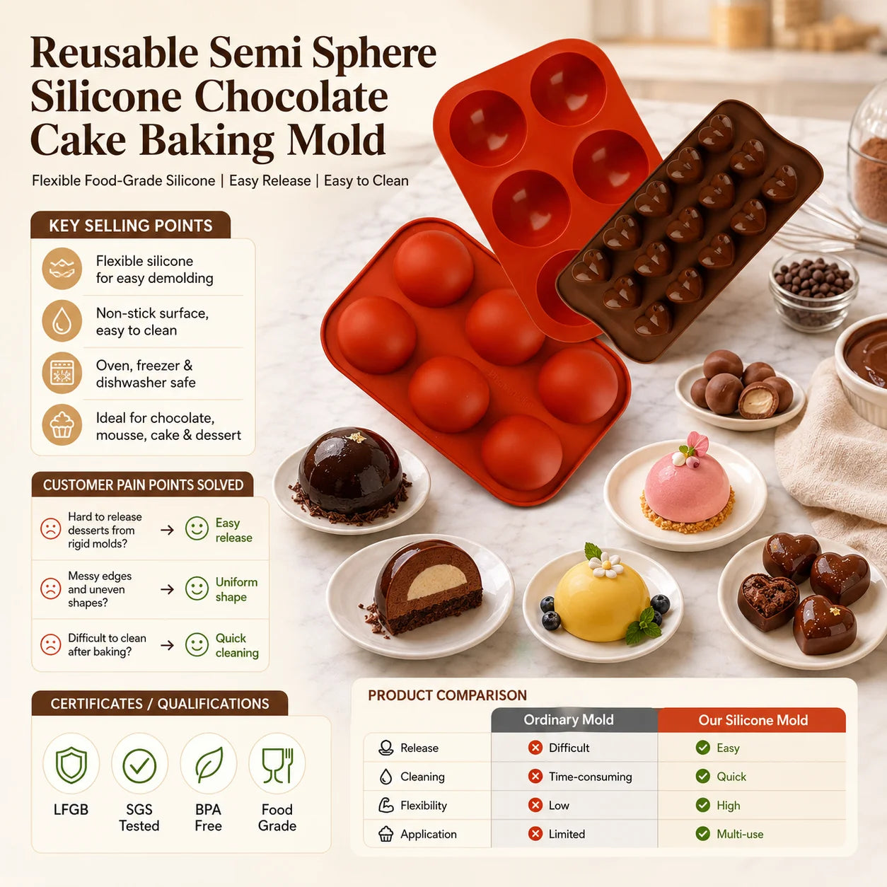 Customized Logo Wholesale Reusable Semi Sphere Silicone Chocolate Cake Baking Mold