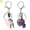 CSJA Natural Crystals Healing Stone Heart Keychains 7 Chakra Gemstone Keyring Car Key Holder Decor G554