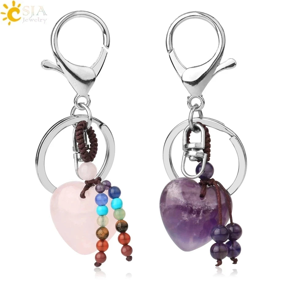 CSJA Natural Crystals Healing Stone Heart Keychains 7 Chakra Gemstone Keyring Car Key Holder Decor G554