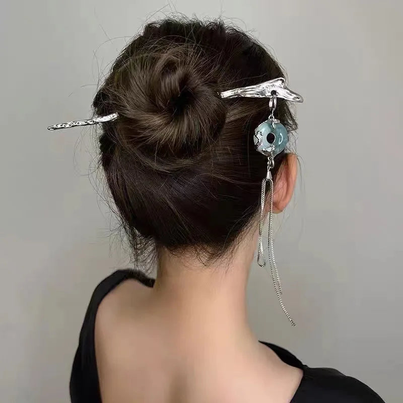 Metal Ping an Buckle Hair Sticks Earrings Dual Purpose Detachable Tassel Hairpin Chopsticks Back Head Hairpin Hair Accessories