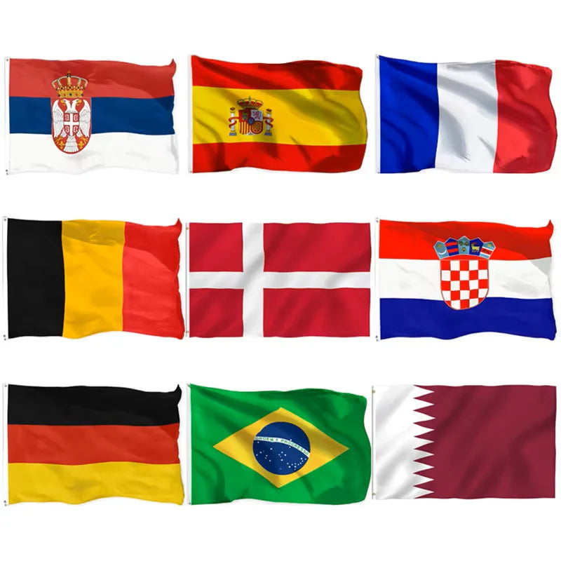 Wholesale 3x5ft 90x150 cm 100% Polyester World Flags Longest Lasting Top 32 Countries Pennants Map Design Teardrop Shape Silk