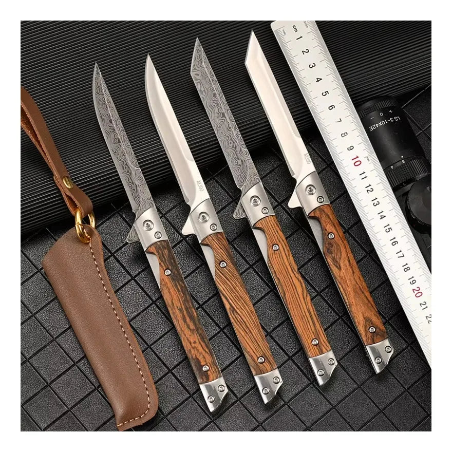 Wholesale Damascus Pattern 4 Types  Narrow Side Exquisite Survival Wood Handle Folding Ball Bearing Pocket Knife with PU case