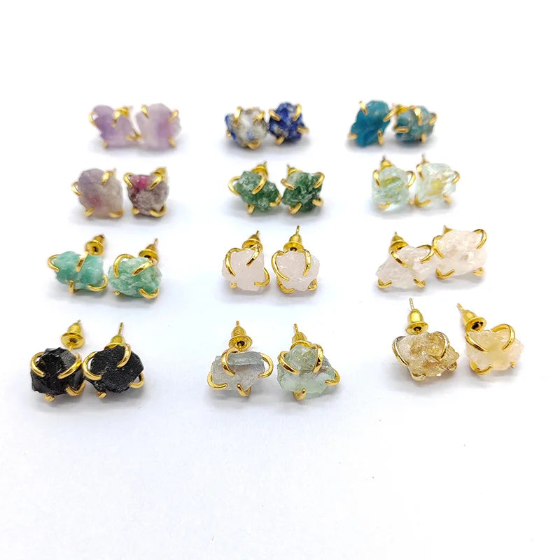 Zooying Women's 18K Gold Plated Geometric Shape Gemstone Stud Earrings Raw Healing Crystal Gold Filled Earings