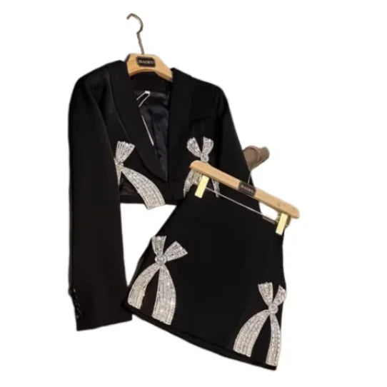 Fine Workmanship Rhinestone Beading Bow Lady Office Suit Designed Short Blazer Mini Pencil Skirt Women 2Pcs