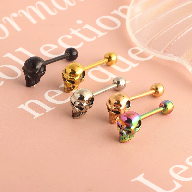 Skull Bohemian Flower Design Stainless Steel Amber Tongue Rings Piercing Men Barbell Body Jewelry for Wedding Gift