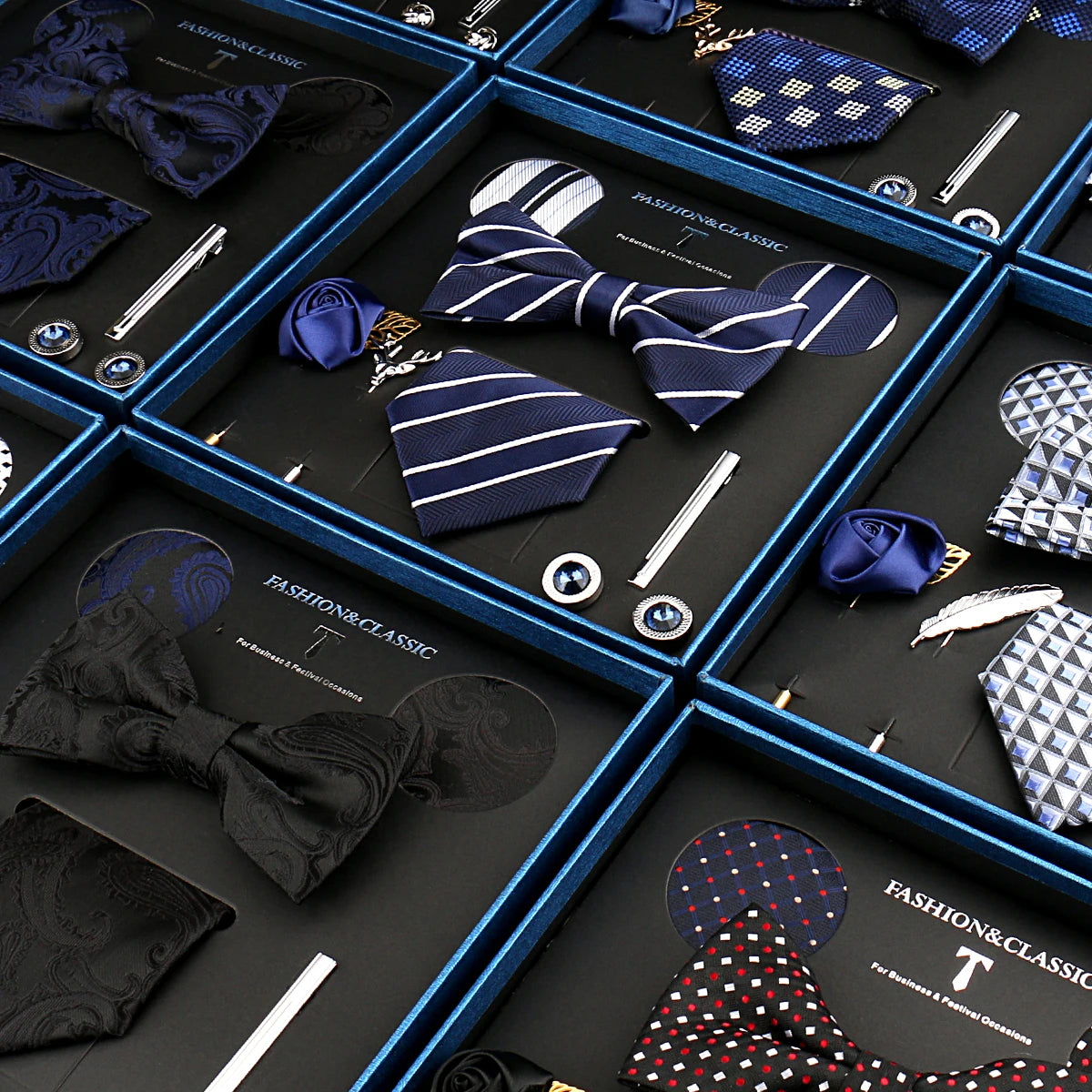 Men's 8-Piece Set Polyester Neckties Bow Tie Pocket Squares Cufflinks Brooches Tie Clips Branded Box Parties Gifts