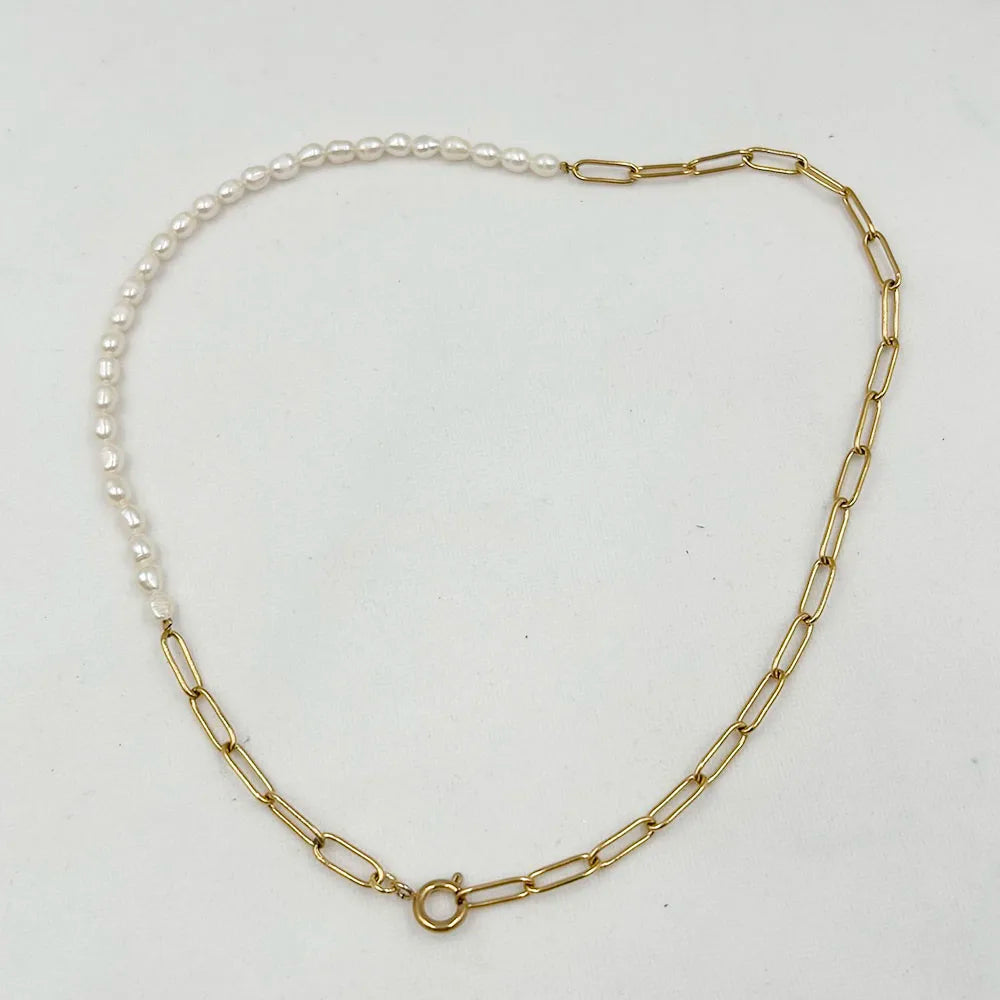 15-18 Inch4 mm Natural Freshwater Pearl Choker Necklace With Paper Clip Stainless Steel Pvd 18k Gold Plating for Women