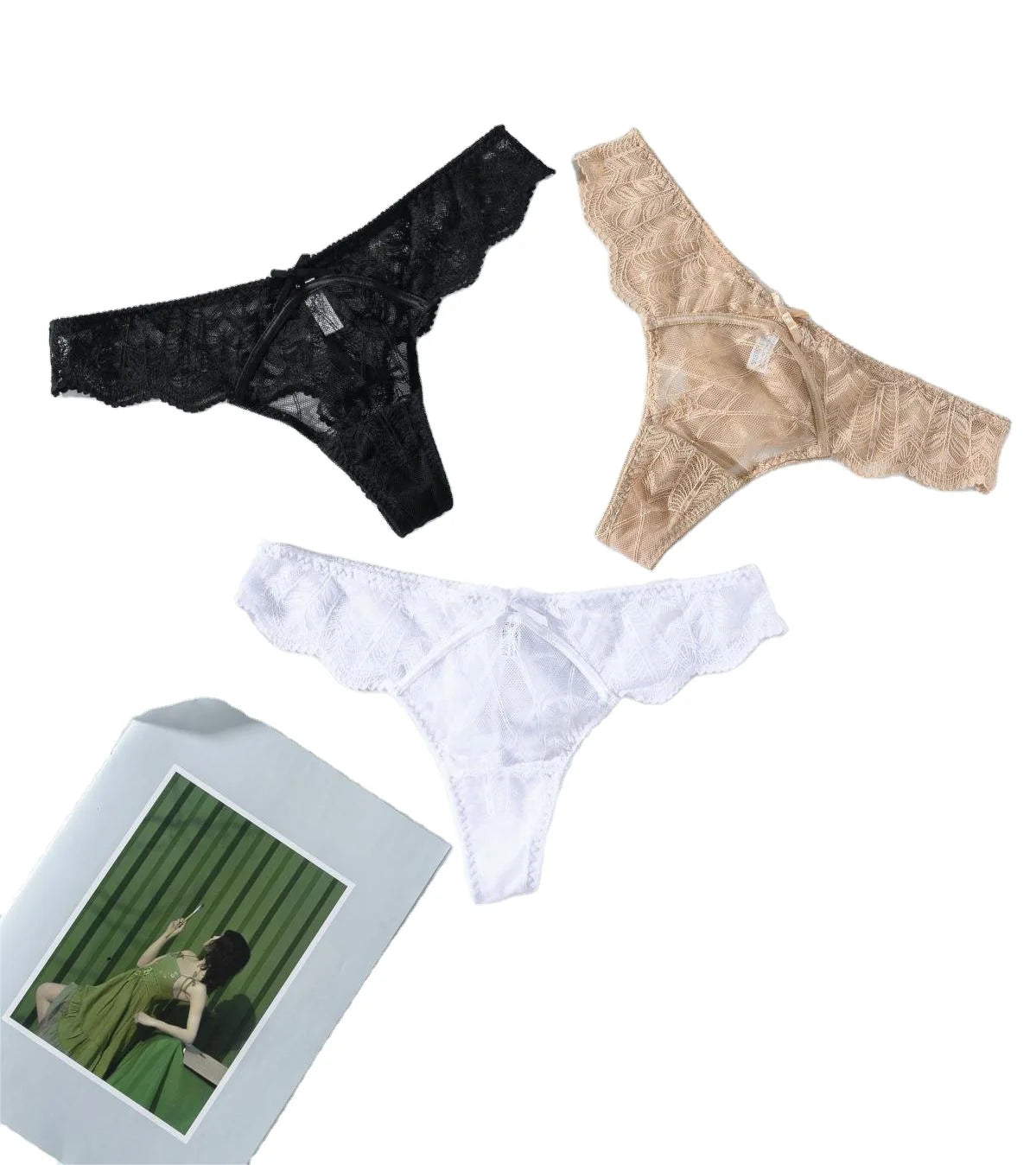 Newly Arrived Sexy Thong for Young Women Low-Rise with Lace Thin Sheer Florets Knitted Weaving Method