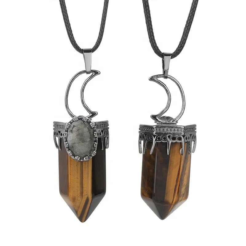 Wholesale Hexagonal Point Spiritual Reiki Energy Pendant Children's Healing Crystal Gemstone Moon Alloy Charm for Women