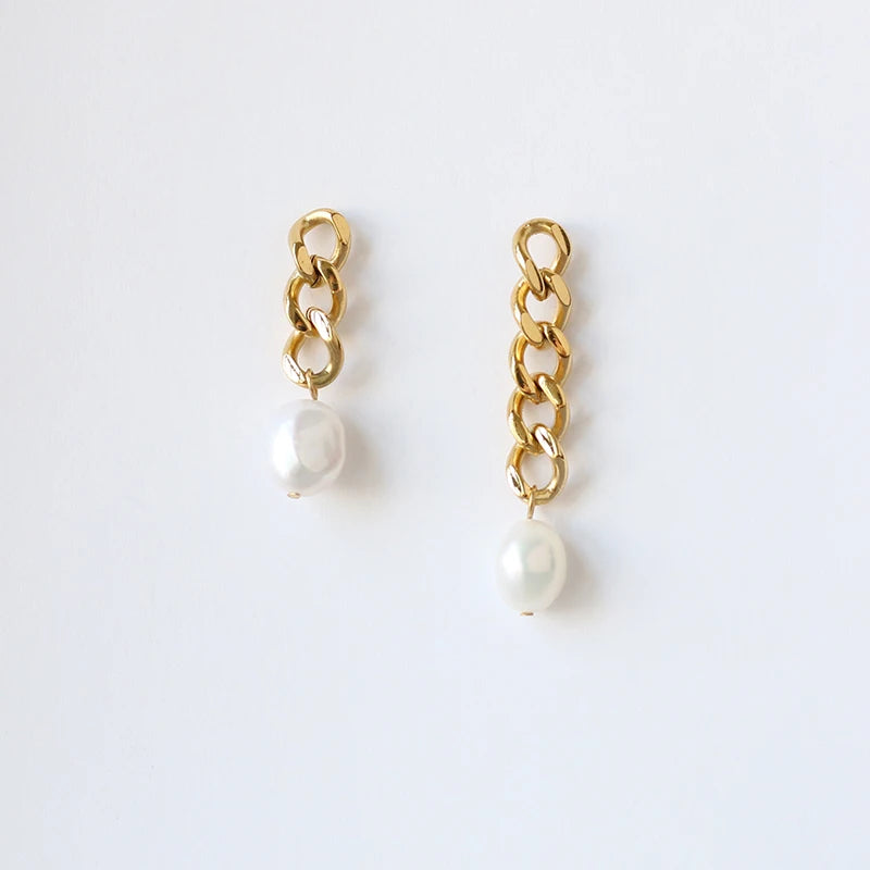 Hot Selling Link Chain Earrings Stainless Steel 18K Gold Plated Hypoallergenic Pearl Chain Stud Earrings Jewelry for Gifts
