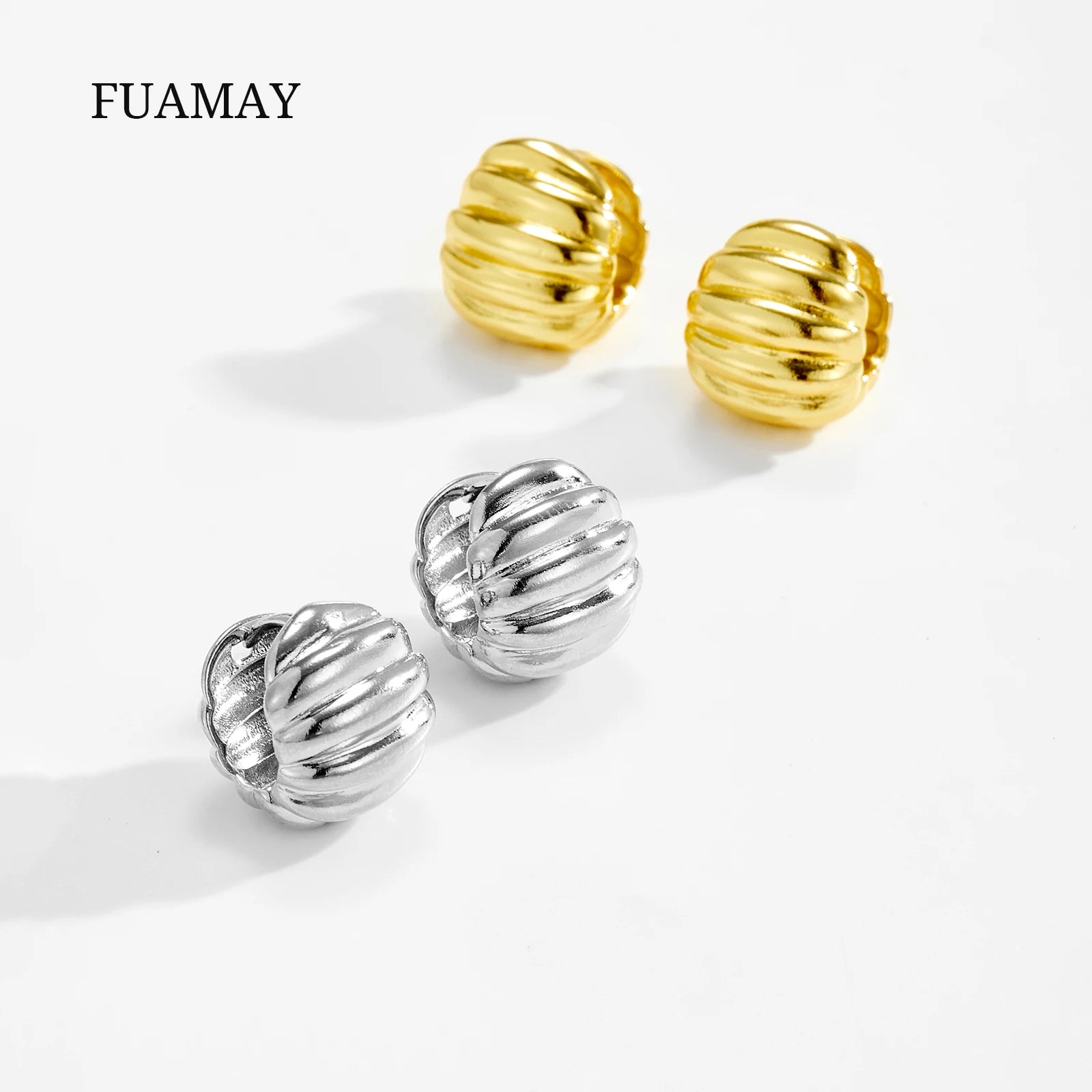 FUAMAY 2025 Elegant Jewelry Brass Copper Two Tone Minimalist Ribbed Textured Ball Stud Earrings for Women Daily Wear