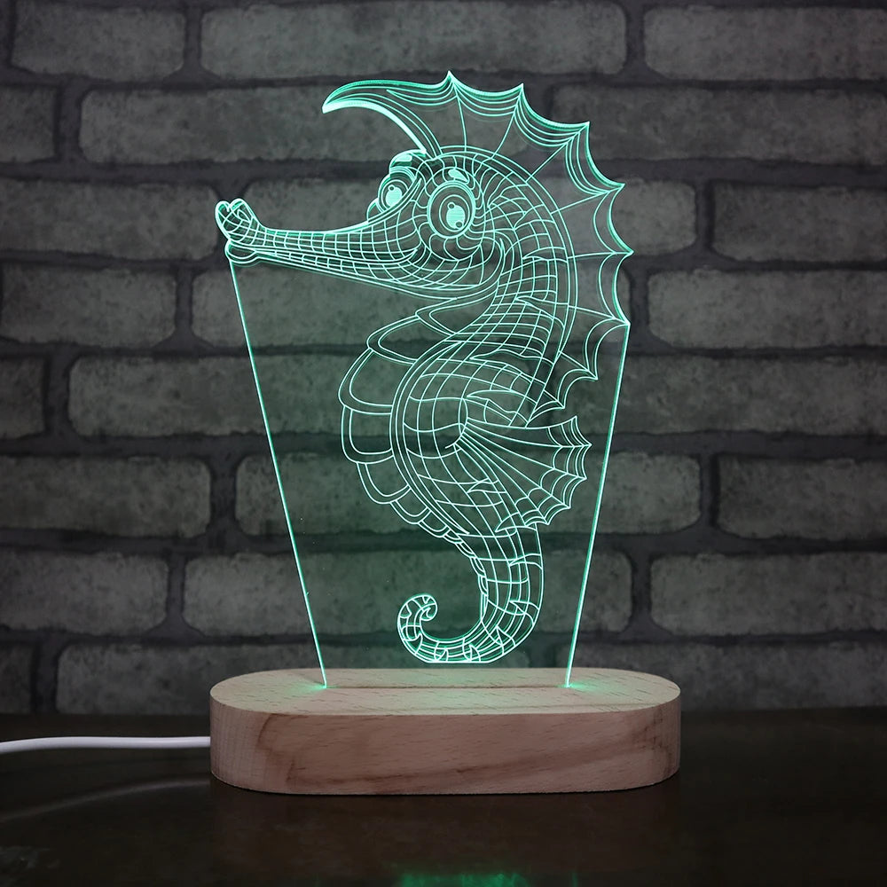 Sea Horse Style 3d Lamp Oval Round Beech Solid Wood Base Led Night Light Little Student Gift Set Lamp for Bedroom Decor