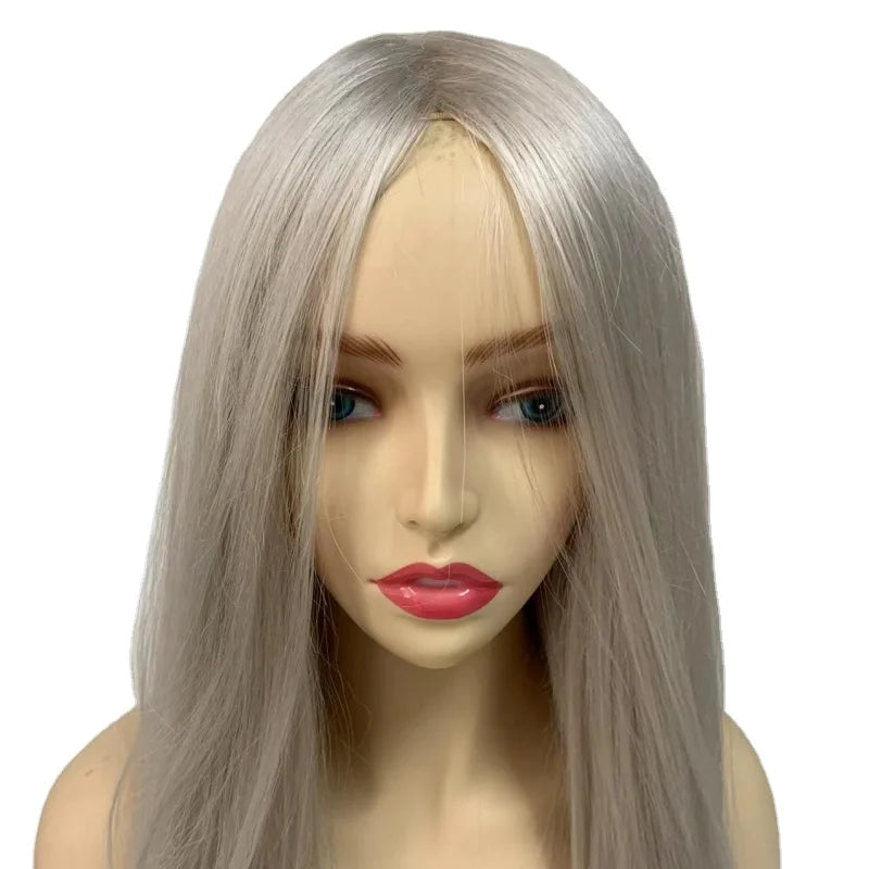 28 Inch Long Length Full Skin Wig for Man White Grey Silver Color Human Hair
