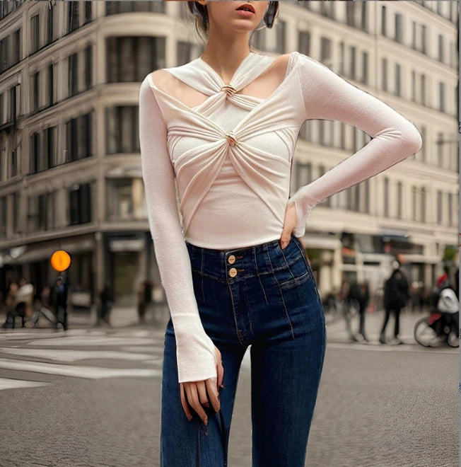 Spring New Fashion Hollow Out Design Sense Bottom Top Versatile Slim Fit Long Sleeved T-shirt Top