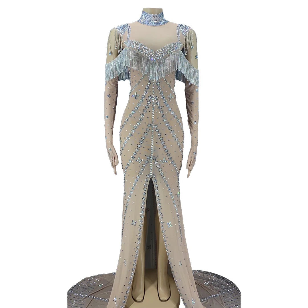 Luxury Crystal Tassel Birthday Wedding Party Rhinestones Dress Women Sexy Prom Trailing Dress Dinner Gown Evening Mermaid Dress